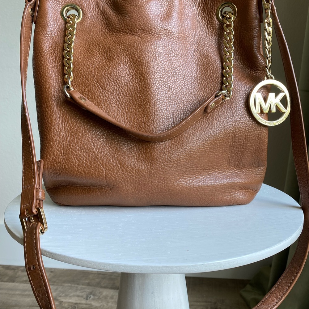 Michael Kors Brown Pebbled Leather Shoulder Bag with Gold Accents